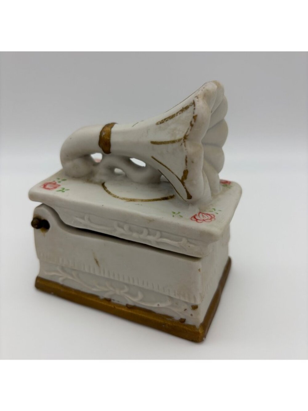 Vintage Bisque Porcelain Gramophone Phonograph Trinket Jewelry Box Applied Roses